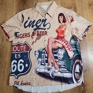 NWOT Retro Style Route 66 Americana PinUp Girl Graphic Shirt XL Men's Buttonup